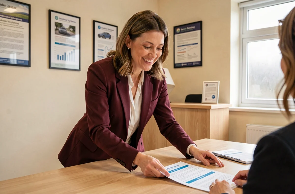 Conseillère d'Abela Assurances présentant une offre d'assurance auto à un client dans un bureau chaleureux