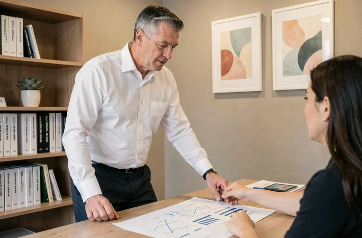 Conseiller d'ACS Conseil présentant un plan financier à un client dans un bureau professionnel