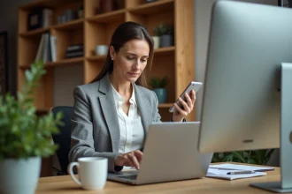 Femme activant son accès Filibanque CIC sur un ordinateur portable dans un bureau à domicile