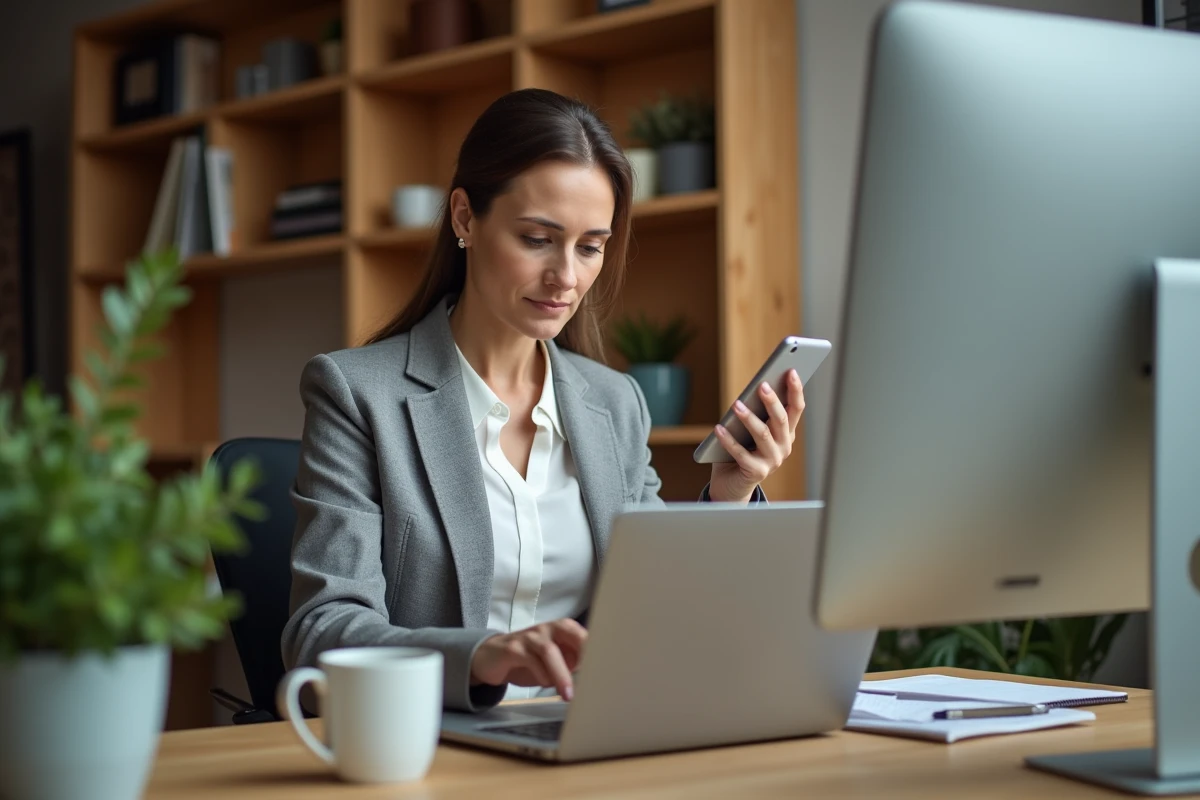 Femme activant son accès Filibanque CIC sur un ordinateur portable dans un bureau à domicile