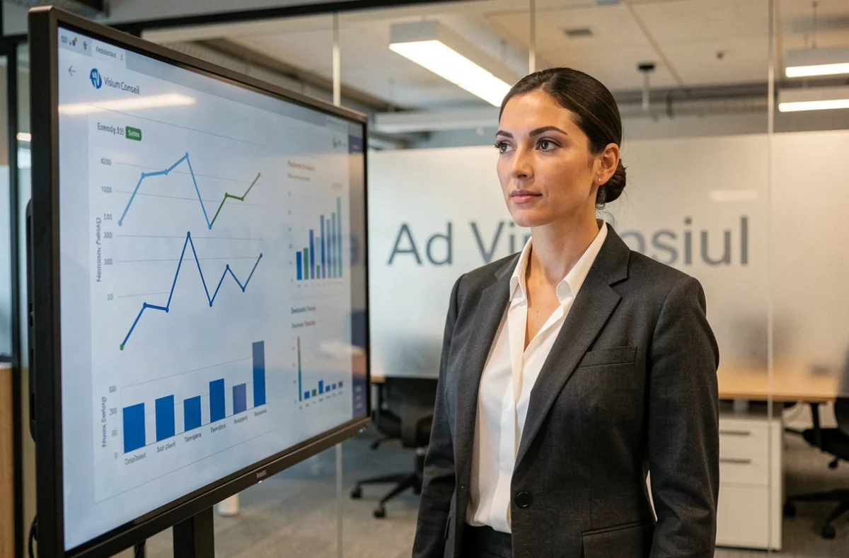 Conseillère d'Ad Visium Conseil présentant des solutions d'assurance sur un écran interactif