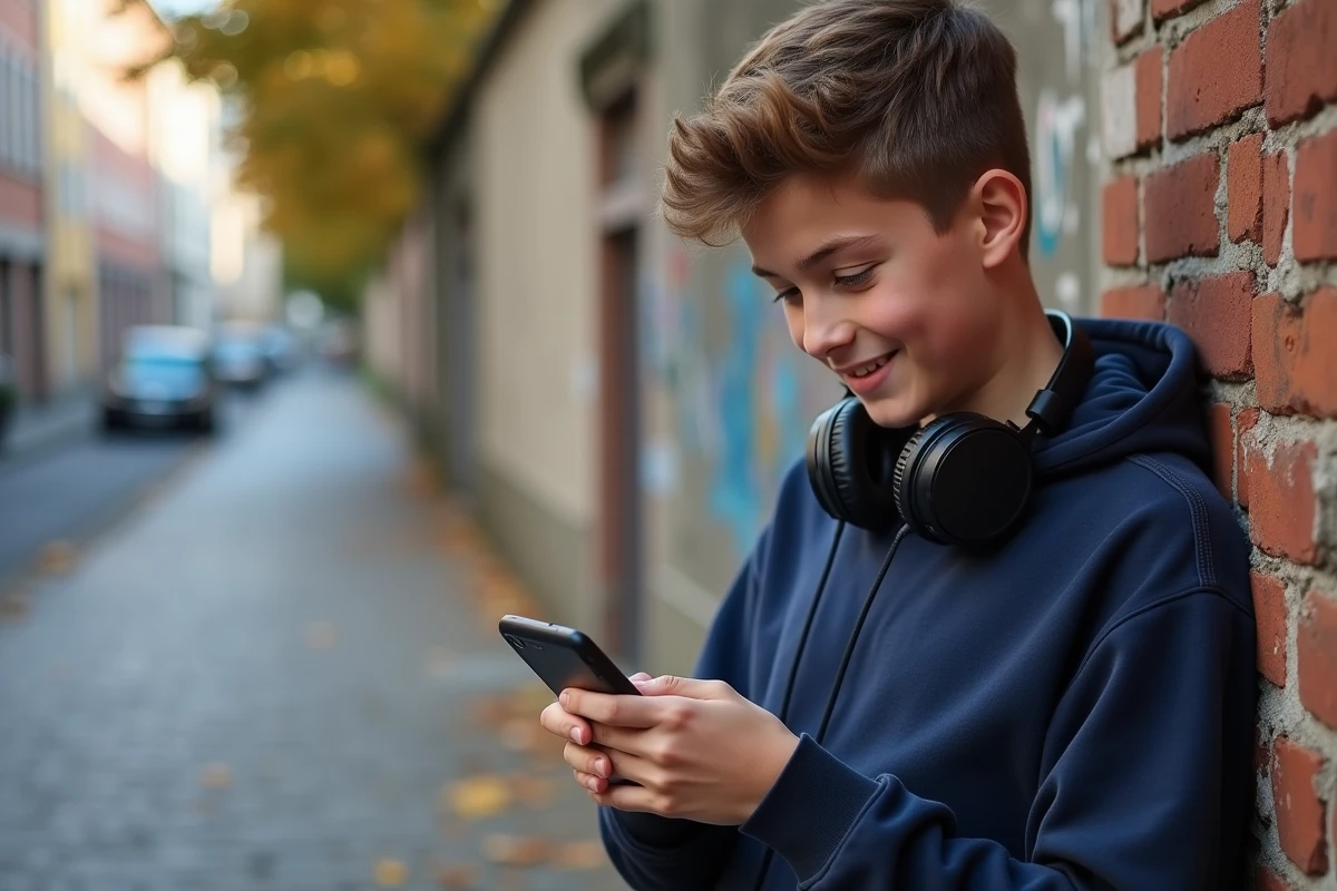 Adolescent consultant son compte Nickel en autonomie dans une rue urbaine française