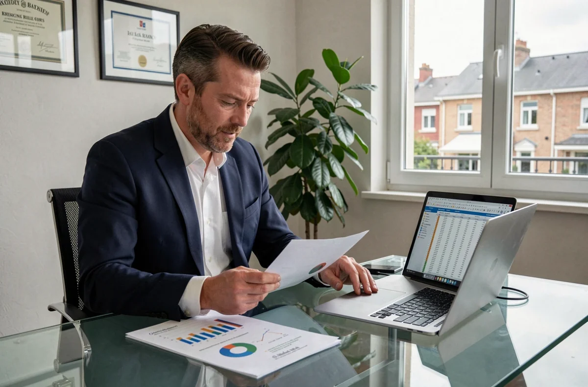 Comptable expert d'AFEX Expertise Comptable analysant un rapport financier dans son bureau en Essonne