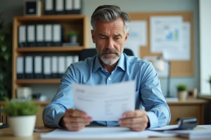 Agent public en bureau examinant une fiche de salaire