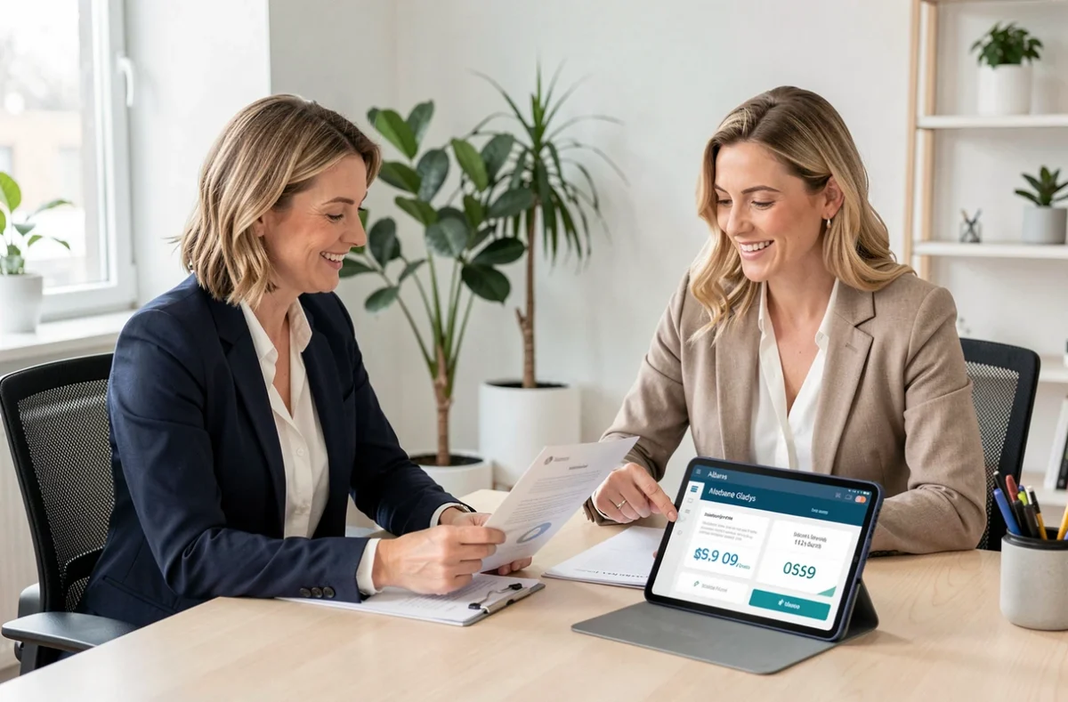 Albane et Gladys, courtières en prêts immobiliers dans les Deux-Sèvres, présentant une comparaison de financement à un client