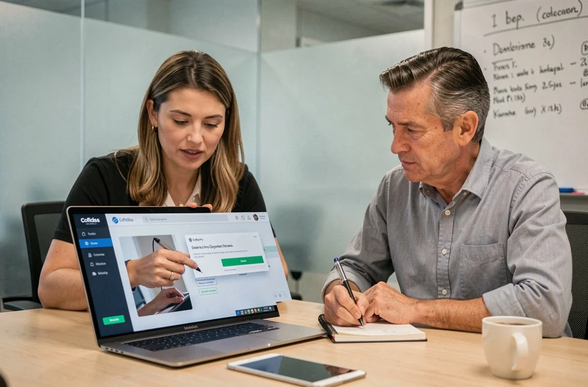 Deux collègues analysant une erreur sur le tableau de bord Cofidis Pro en réunion