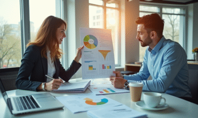 Businesswoman et businessman analysant des graphiques financiers colorés