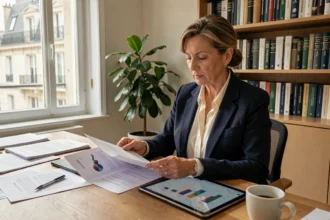 Femme cadre analysant des documents de SCPI de déficit foncier dans un bureau à domicile