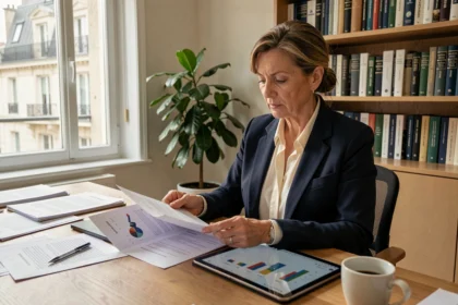 Femme cadre analysant des documents de SCPI de déficit foncier dans un bureau à domicile