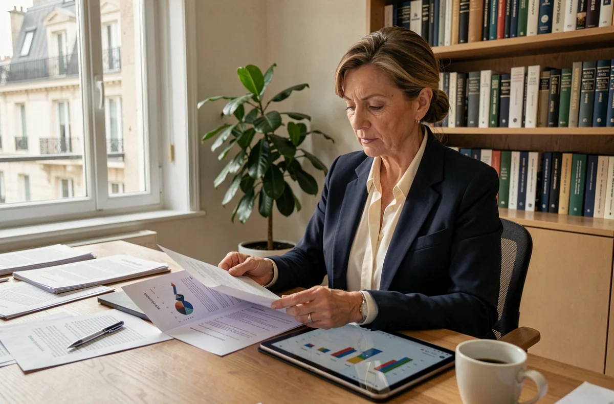 Femme cadre analysant des documents de SCPI de déficit foncier dans un bureau à domicile
