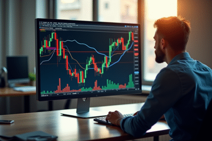 Trader professionnel analysant un écran de graphiques boursiers colorés