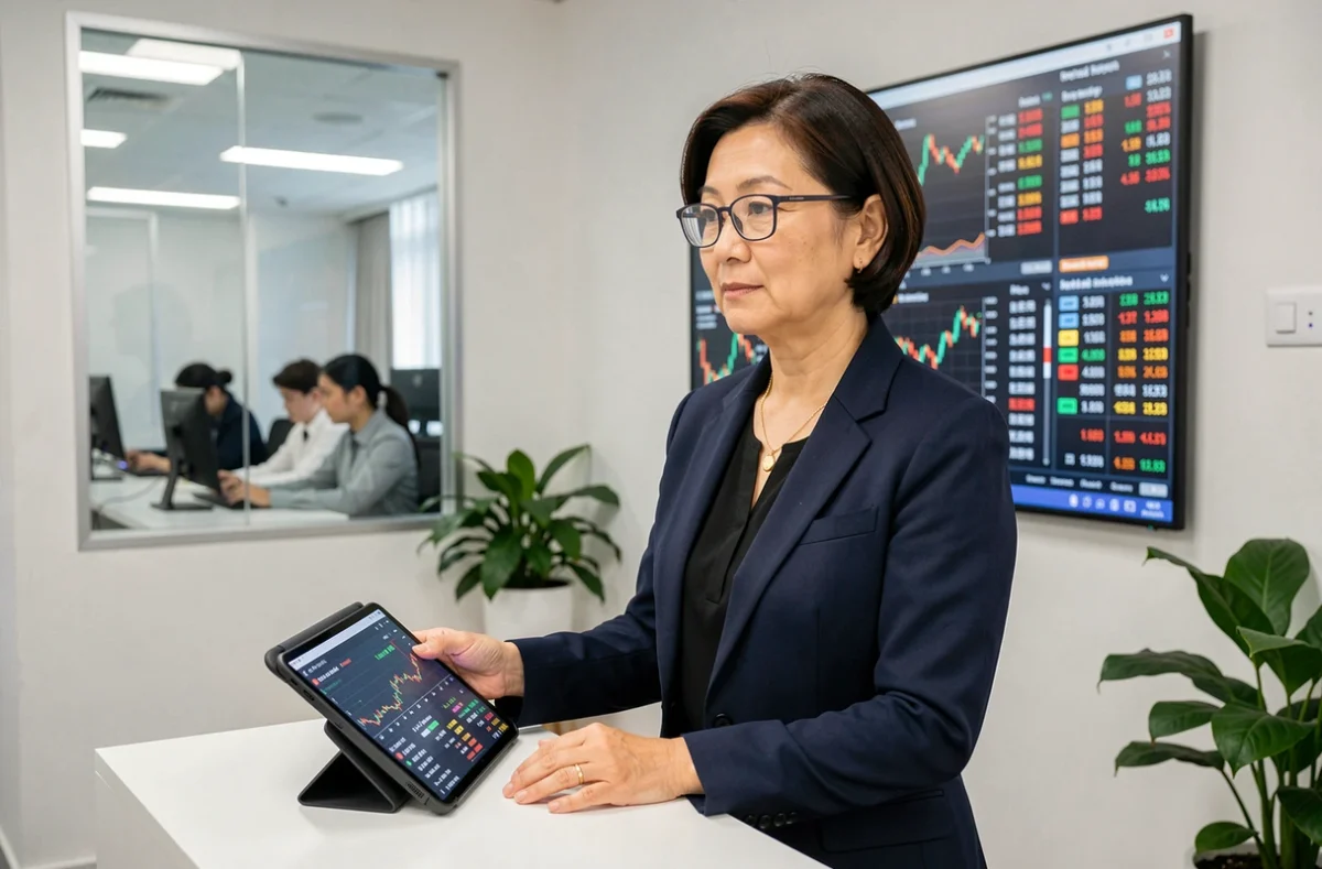 Analyste financière professionnelle consultant les indices boursiers asiatiques sur tablette dans un bureau à Hong Kong