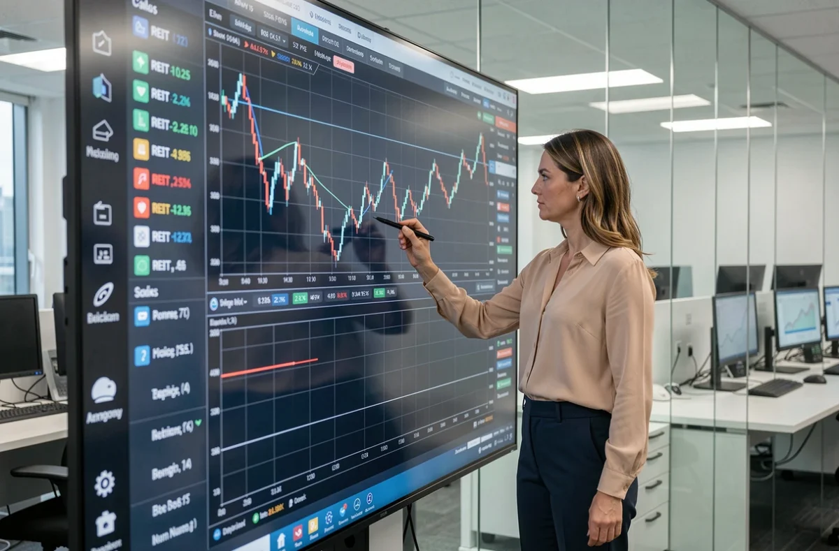 Analyste financière présentant les performances boursières de fonds SCPI cotés sur grand écran de trading