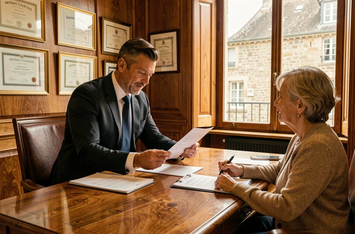 Courtier Artémis Courtage à Brive-la-Gaillarde expliquant les détails d'un contrat de prêt immobilier à des clients corréziens