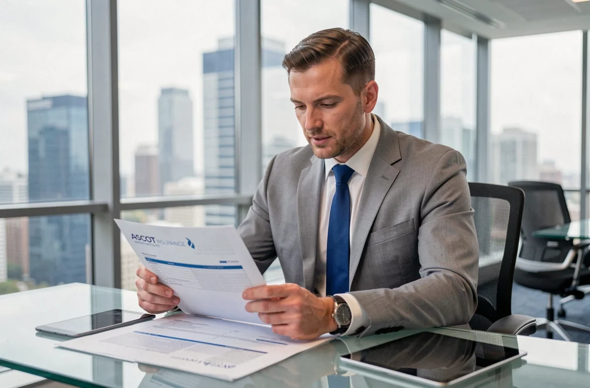 Spécialiste d'Ascot Insurance étudiant des contrats d'assurance dans un bureau moderne avec vue sur la ville