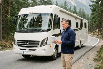 Propriétaire de camping-car poids lourd consultant ses documents d'assurance en montagne
