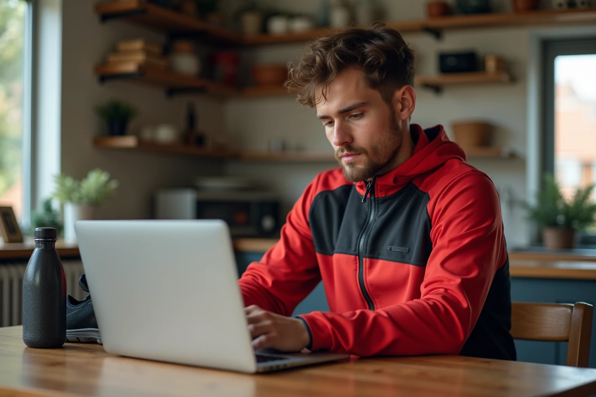 Athlète masculin consultant sa cagnotte sportive sur ordinateur depuis son domicile