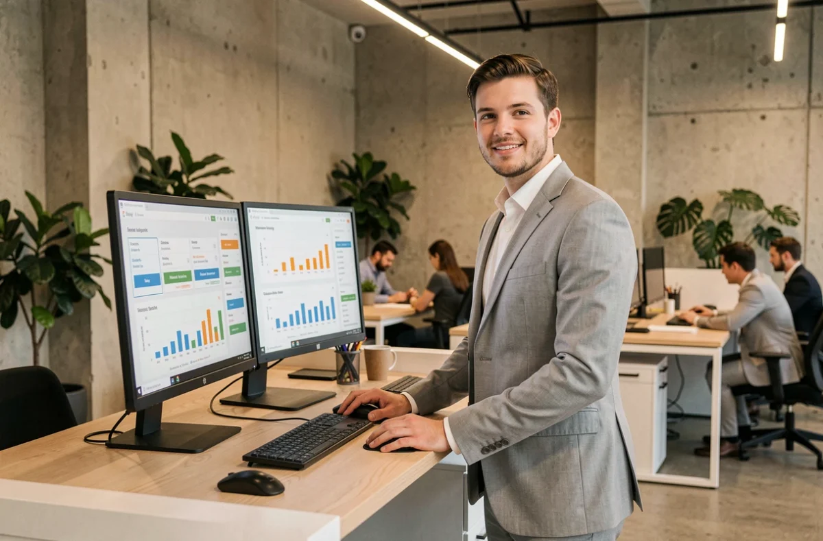 Courtier d'Avenys Courtage travaillant sur des comparatifs d'assurance auto dans un bureau moderne