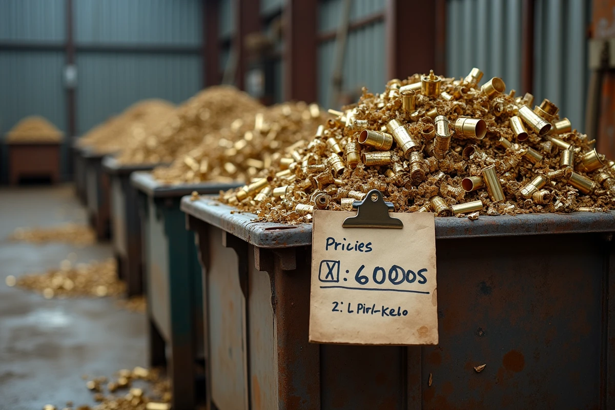 Bac de récupération rempli de chutes et tournures de laiton décolletage dans une casse métallique industrielle avec étiquette de prix au kilo