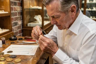 Bijoutier examinant une bague en or 9 carats avec une loupe dans un atelier traditionnel, illustration du prix de l'or au quotidien