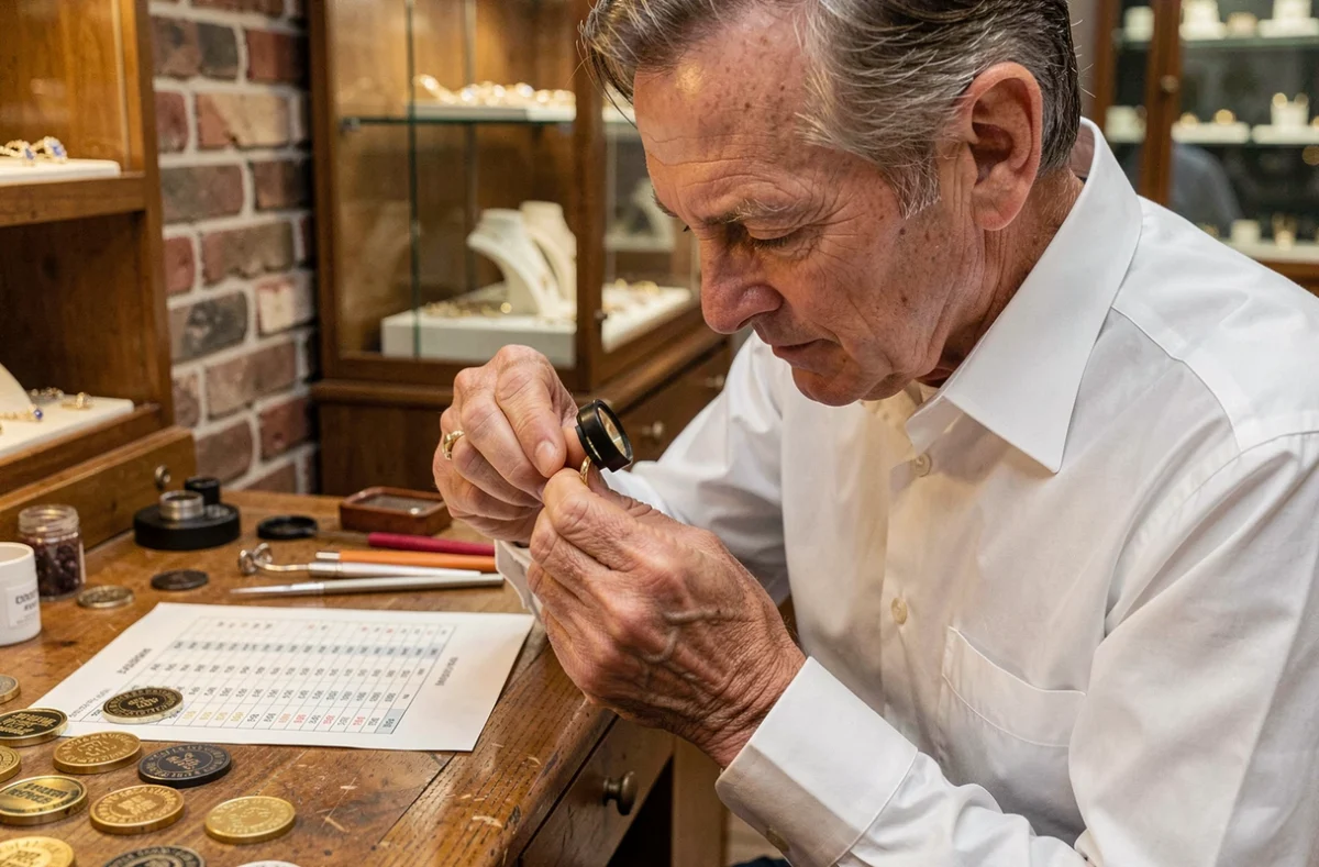 Bijoutier examinant une bague en or 9 carats avec une loupe dans un atelier traditionnel, illustration du prix de l'or au quotidien