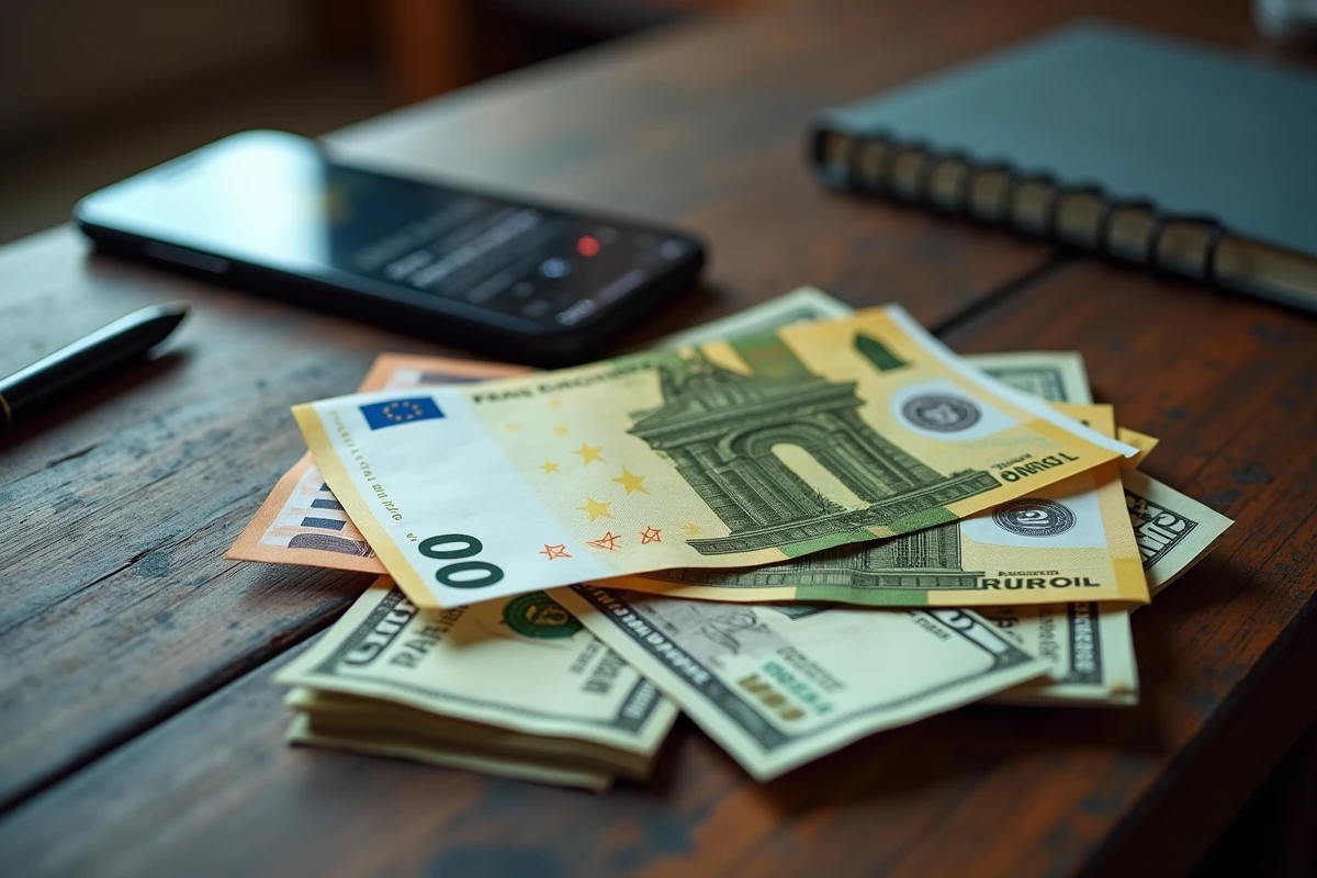 Billet de 100 euros côte à côte avec des dollars américains sur un bureau en bois, avec une application de taux de change sur smartphone illustrant la conversion euro-dollar