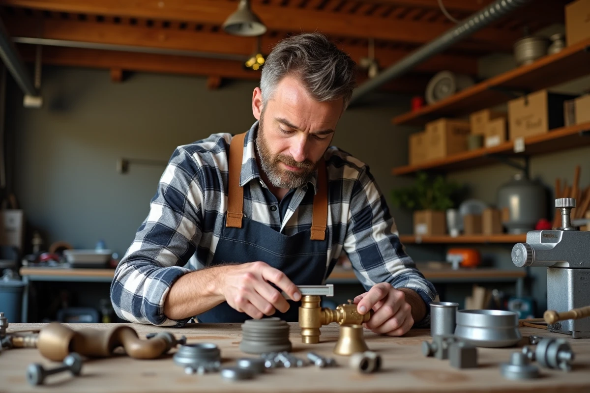 Bricoleur mesurant un raccord en bronze avec un pied à coulisse dans son atelier
