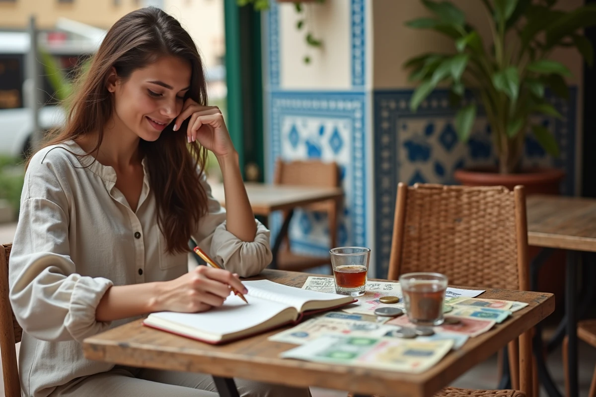 Voyageuse gérant son budget de voyage avec des dinars algériens dans un café à Alger