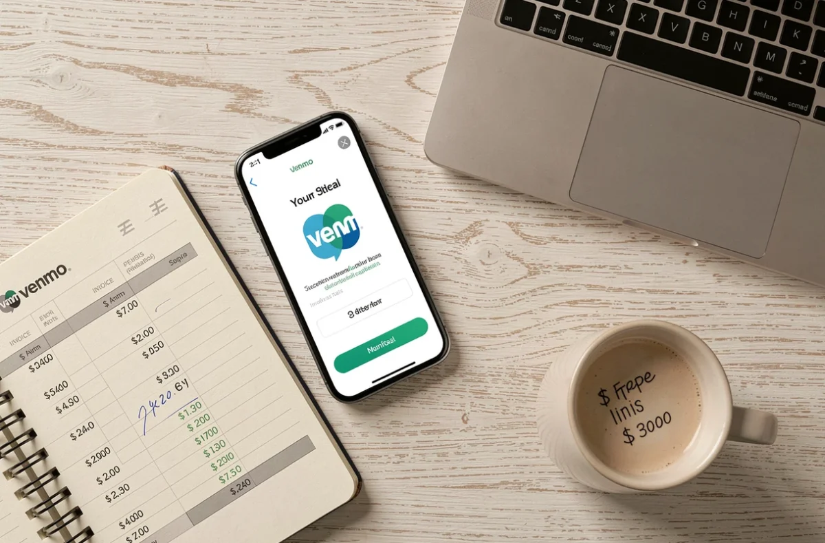 Flat lay d'un bureau freelance avec smartphone affichant une application de paiement et notes de facturation