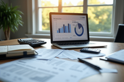 Espace de travail moderne avec ordinateur et documents financiers