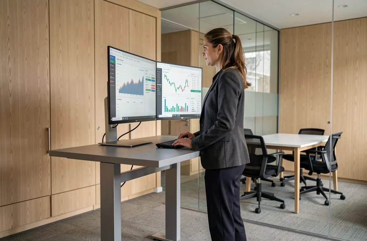 Experte comptable du Cabinet Expertise Essonne travaillant sur des tableaux financiers dans un bureau moderne