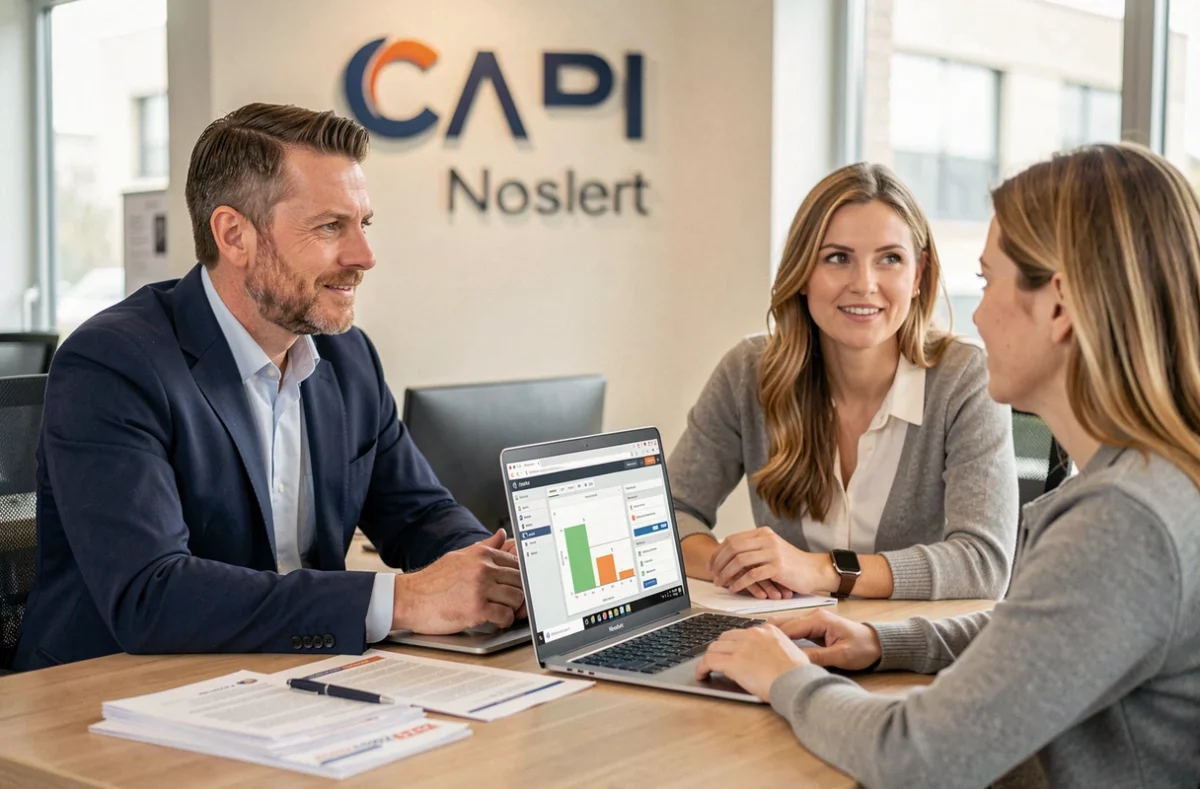 Conseiller CAFPI Niort présentant une simulation de prêt immobilier à un couple de clients