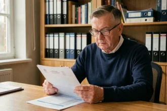 Un homme d'une cinquantaine d'années examine ses documents de retraite et calcule sa décote par trimestre manquant à son bureau à domicile