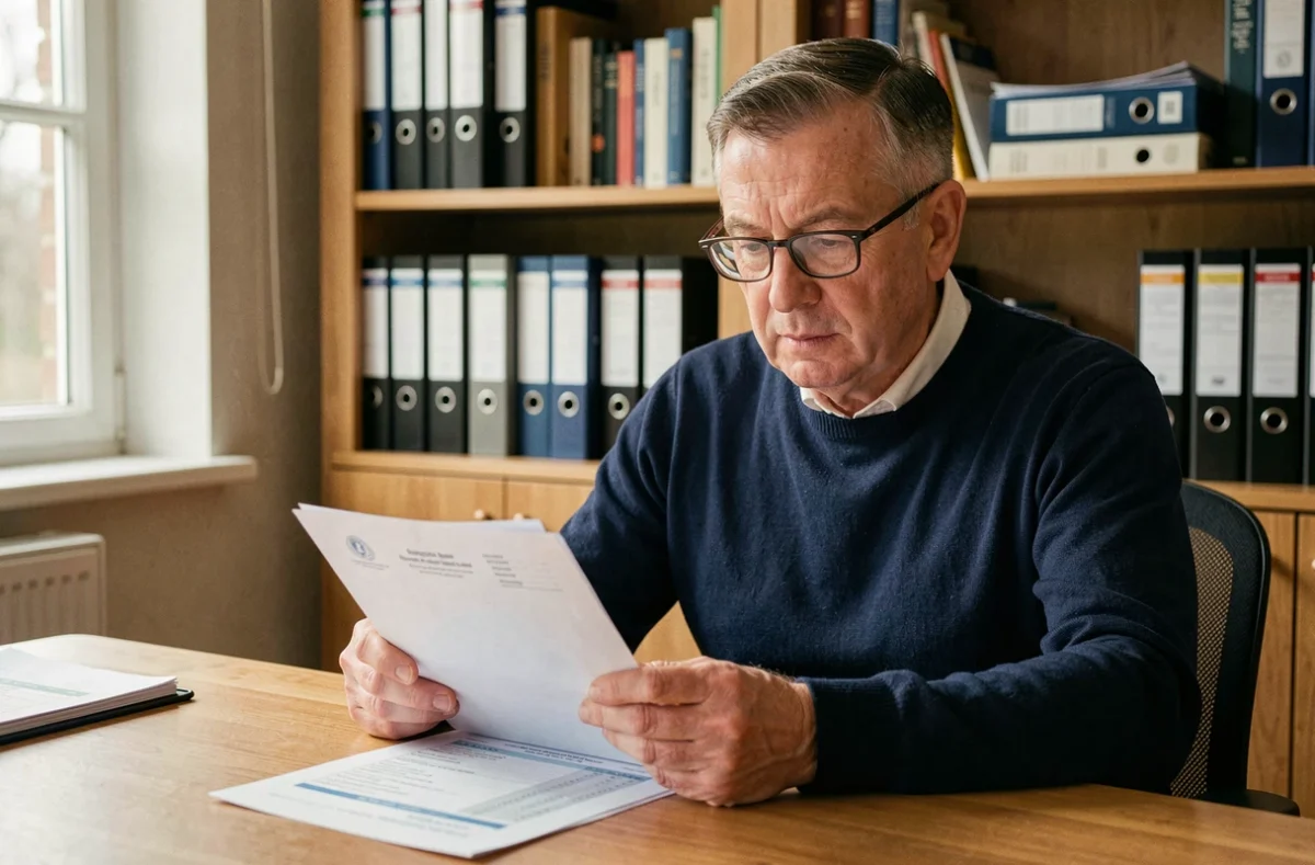 Un homme d'une cinquantaine d'années examine ses documents de retraite et calcule sa décote par trimestre manquant à son bureau à domicile