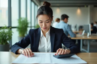 Femme comptable calculant les heures en centièmes sur une feuille de paie dans un bureau moderne