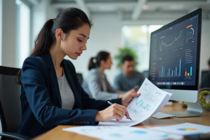 Femme analyste calculant le ROI d'une stratégie marketing sur des documents imprimés dans un bureau moderne