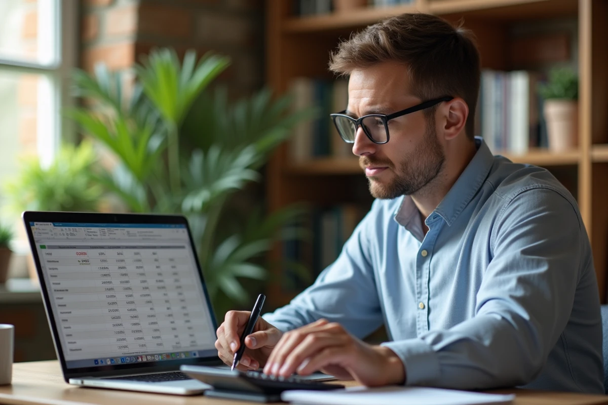 Entrepreneur calculant le retour sur investissement depuis son bureau à domicile avec tableur et calculatrice