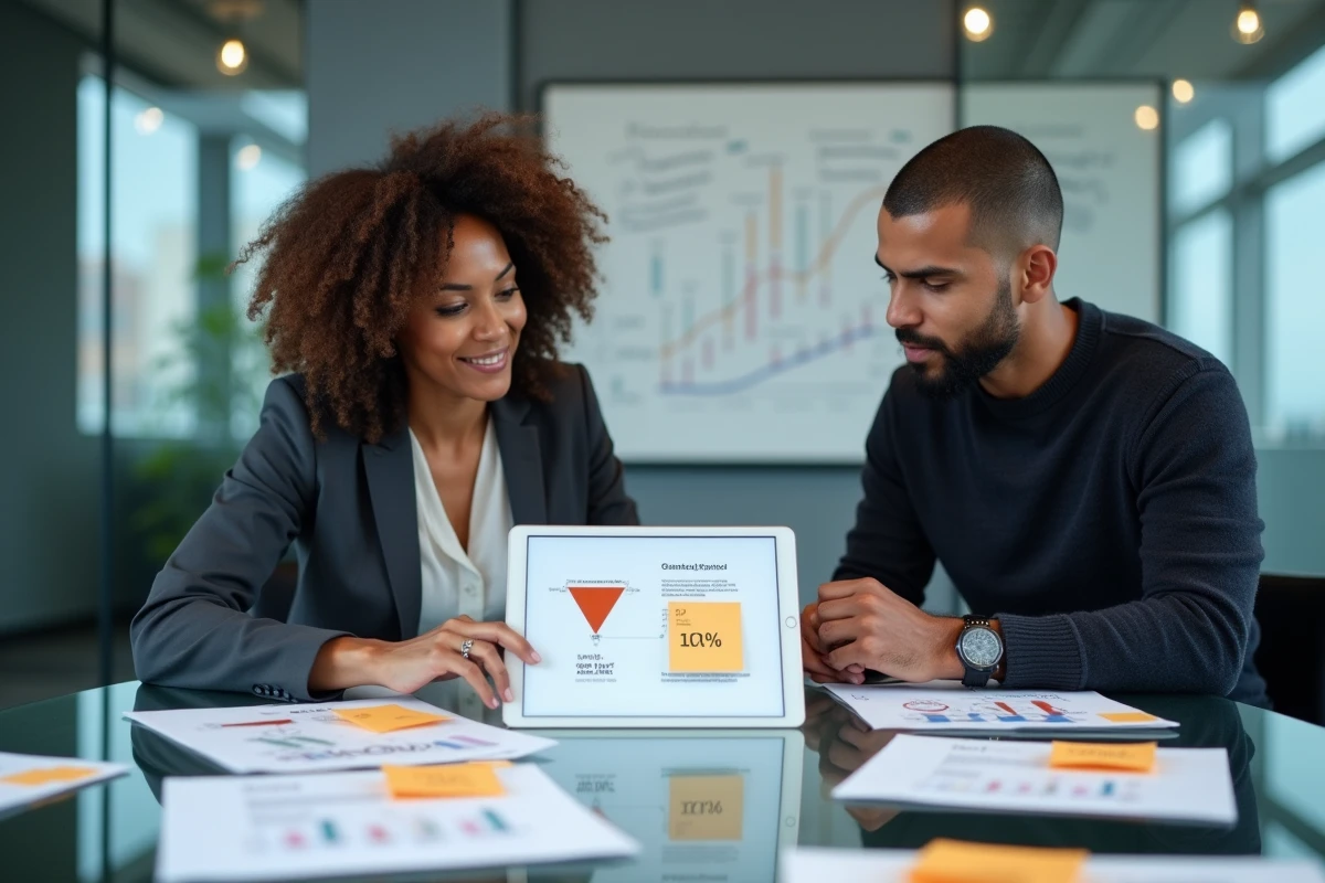 Équipe de professionnels analysant ensemble les résultats d'un calcul ROI lors d'une réunion stratégique