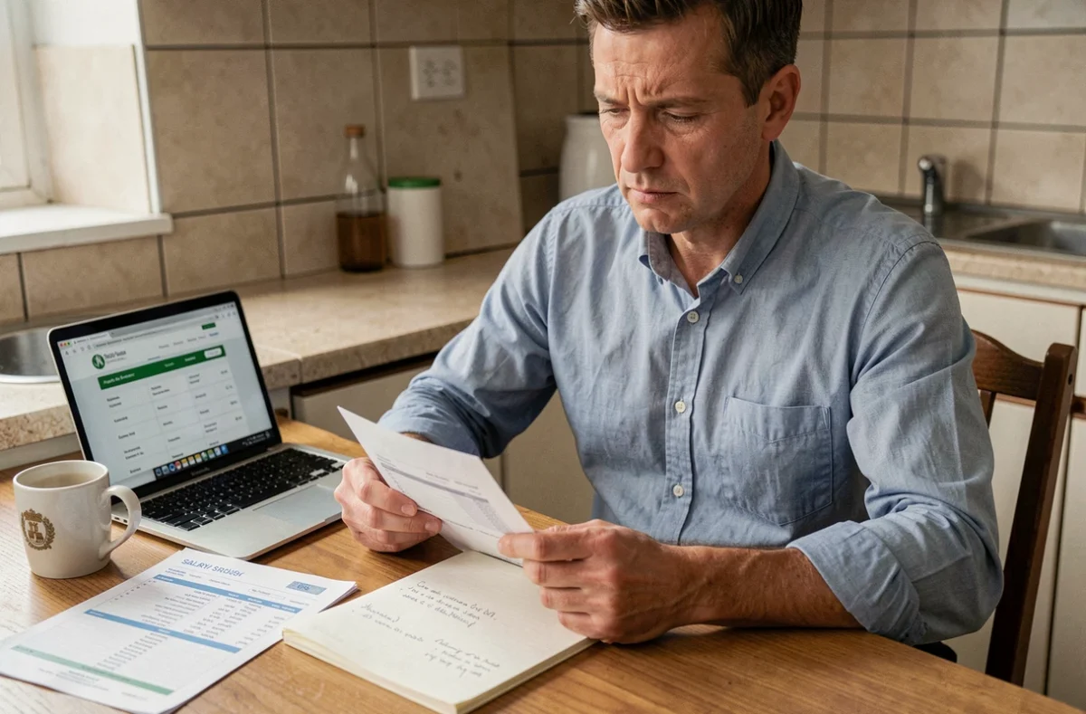 Un homme consulte sa fiche de paie et un cahier de budget à la maison pour calculer son salaire net au SMIC 25 heures