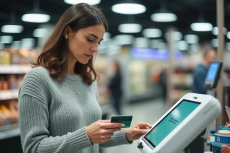 Femme tenant une carte bancaire refusée sur un terminal de paiement sans contact en caisse de supermarché