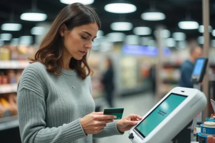 Femme tenant une carte bancaire refusée sur un terminal de paiement sans contact en caisse de supermarché
