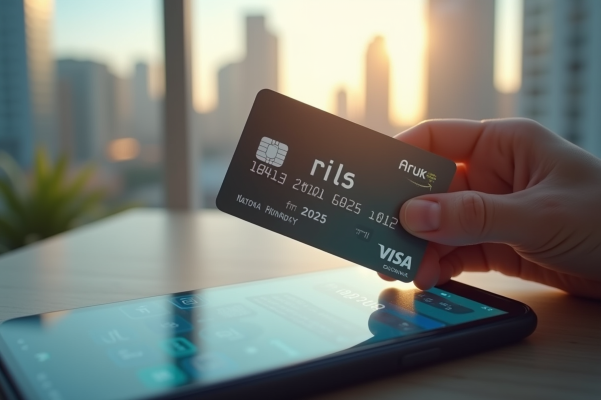 Main tenant une carte de debit 2025 au-dessus d une application bancaire sur smartphone