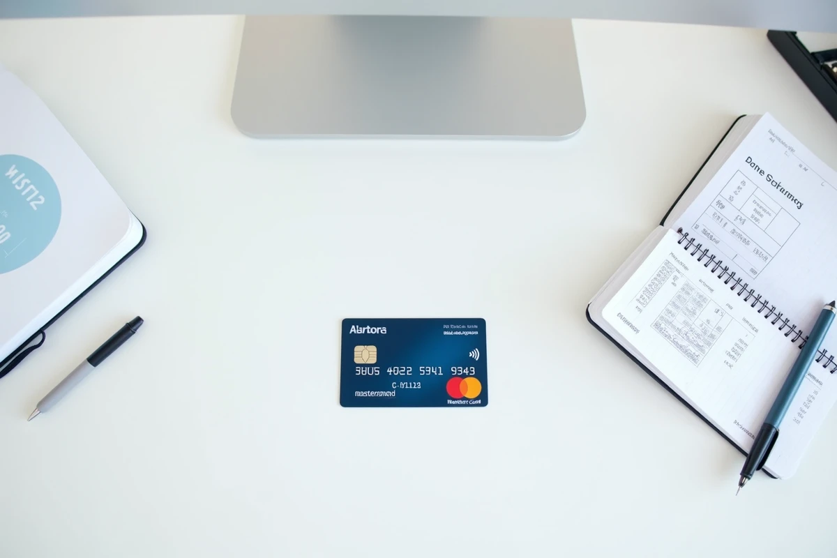 Carte Mastercard Crédit Agricole posée sur un bureau avec un relevé bancaire et un carnet de budget mensuel