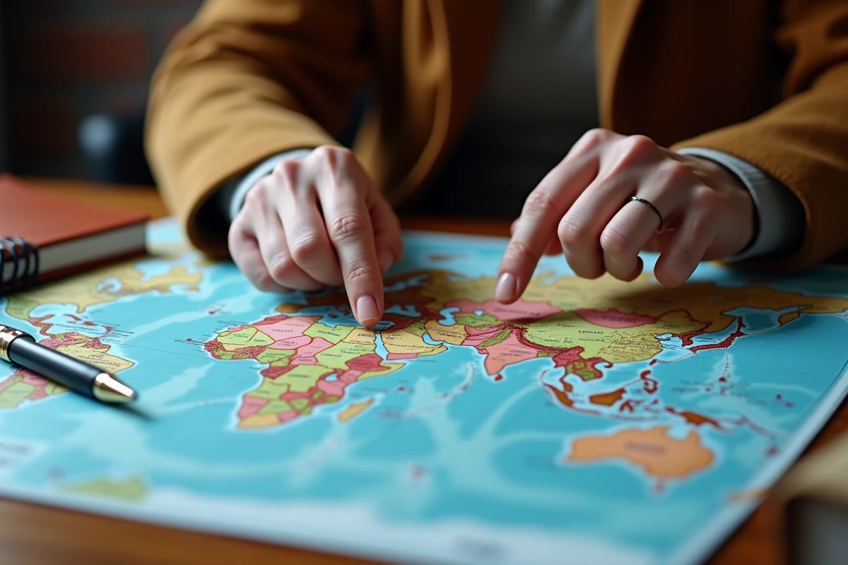 Mains pointant une carte du monde avec des épingles sur des centres financiers offshore pour illustrer la gestion de patrimoine international