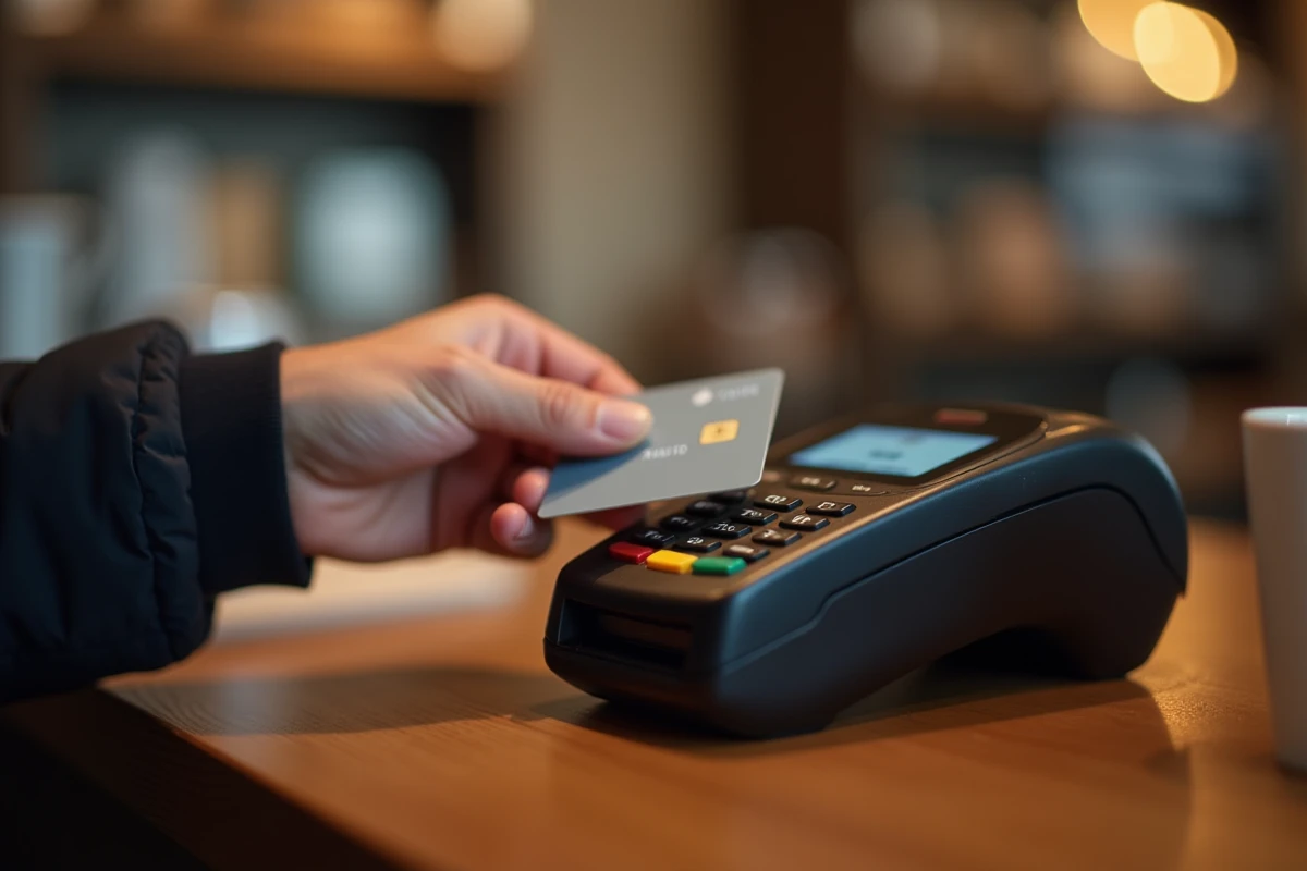 Gros plan d'une carte bancaire sans contact refusée sur un terminal de paiement dans un café