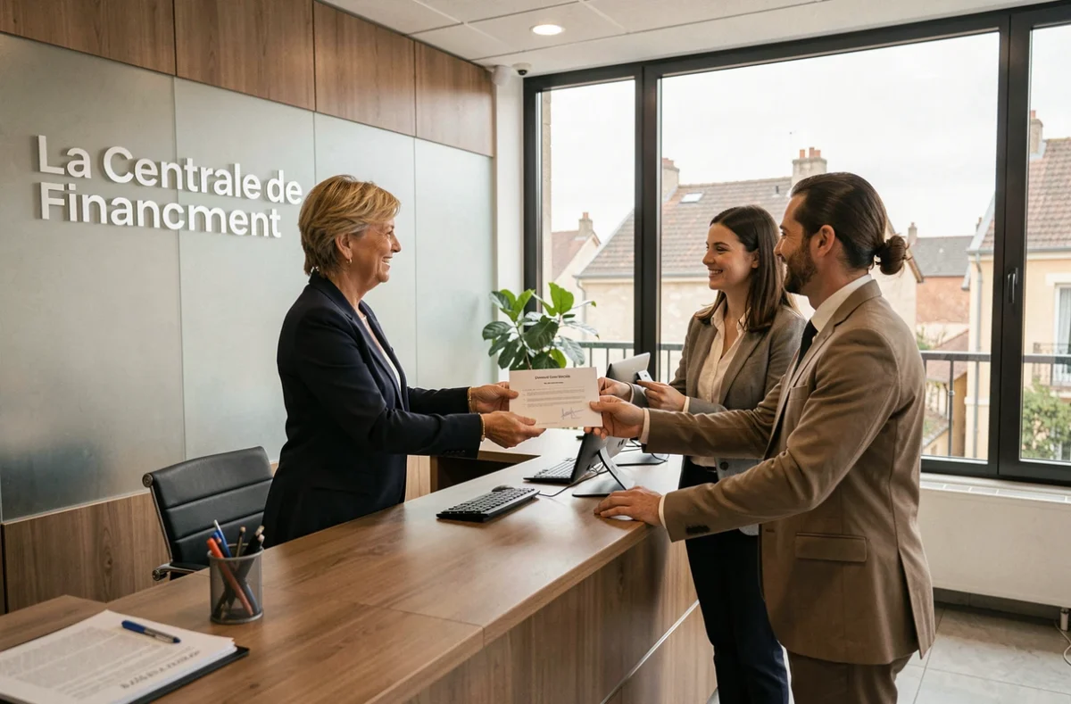 Courtière La Centrale de Financement à Brive-la-Gaillarde remettant une offre de financement immobilier à un couple corrézien
