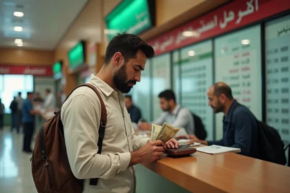 Voyageur comptant des dinars algériens à un comptoir de change dans une banque en Algérie