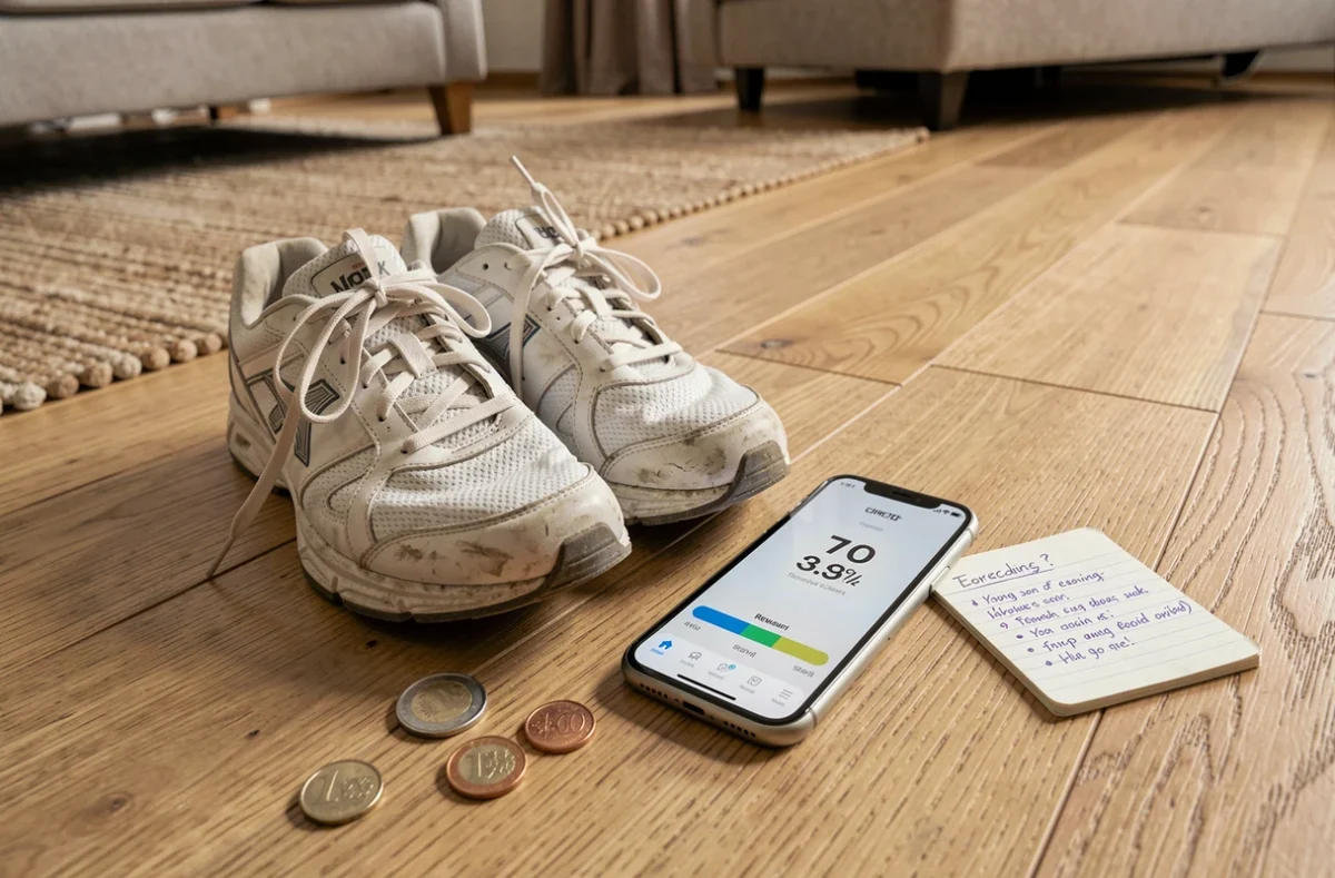 Chaussures de marche, smartphone avec application de podomètre et pièces en euros sur un parquet en bois