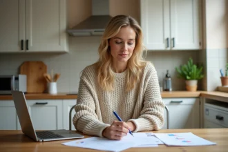 Femme consultant ses documents de chèque différé Cora 2026 à la table de cuisine avec un ordinateur portable