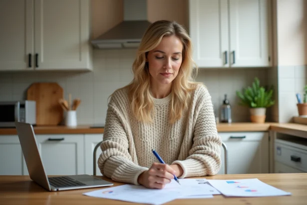 Femme consultant ses documents de chèque différé Cora 2026 à la table de cuisine avec un ordinateur portable